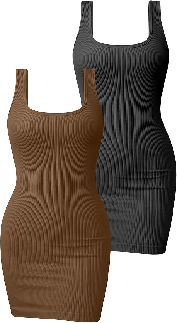 Women's 2 Piece Dresses Ribbed Sleeveless Square Neck Tank Tops Mini Dress | Amazon (UK)
