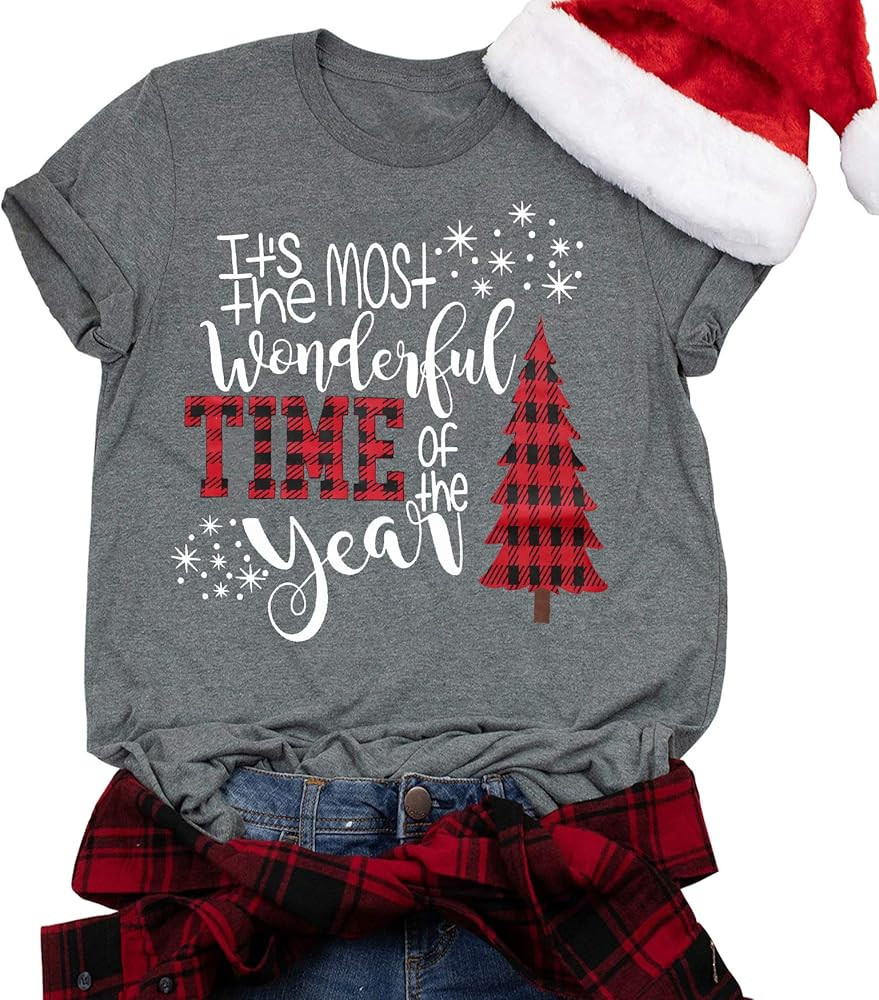 Merry Christmas Shirts for Women Xmas Buffalo Plaid Tree Shirt Top Short Sleeve Casual Graphic Pr... | Amazon (US)