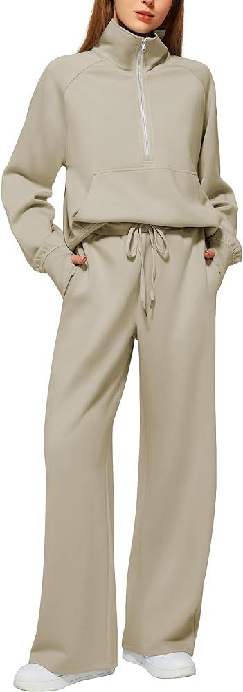 Casly Lamiit Women's 2 Piece Outfits Lounge Set 2024 Oversized Half Zip Sweatshirt Wide Leg Sweat... | Amazon (US)