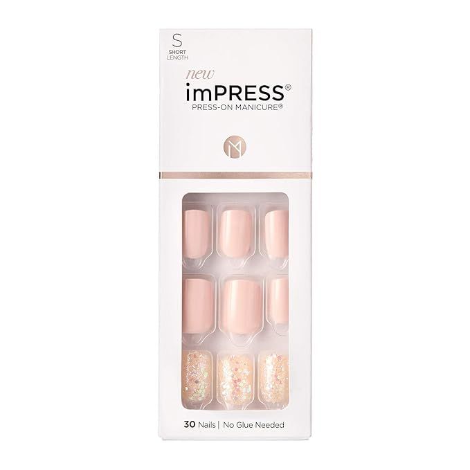 KISS imPRESS No Glue Mani Press On Nails, Design, 'Dorothy', Pink, Short Size, Squoval Shape, Inc... | Amazon (US)