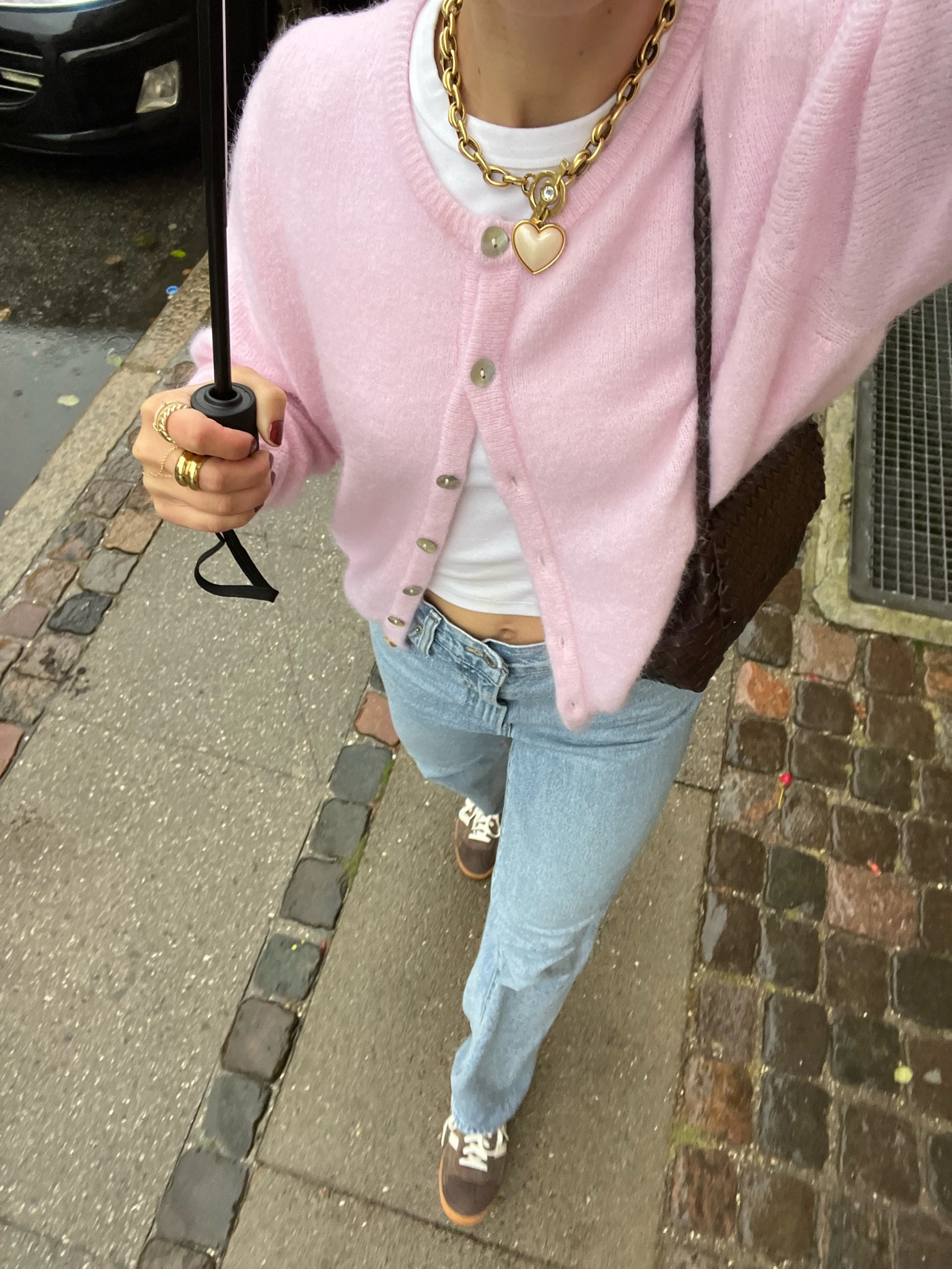 9/26/24 Copenhagen Day 1 outfit 🫶🏼 fall fashion, fall sweaters, fall cardigan, cardigan sweater, pink cardigan, pink sweater, baggy jeans, brown suede adidas, adidas spezial sneakers 
