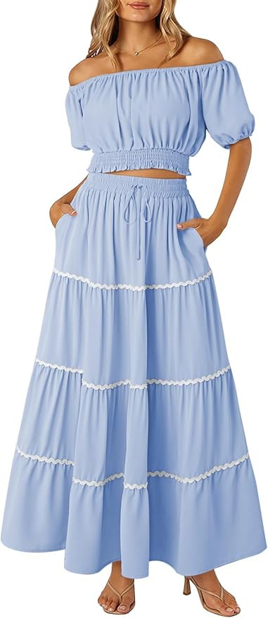 HUUSA 2024 Summer 2 Piece Boho Outfits for Women Short Sleeve Off Shoulder Crop Top and High Wais... | Amazon (US)