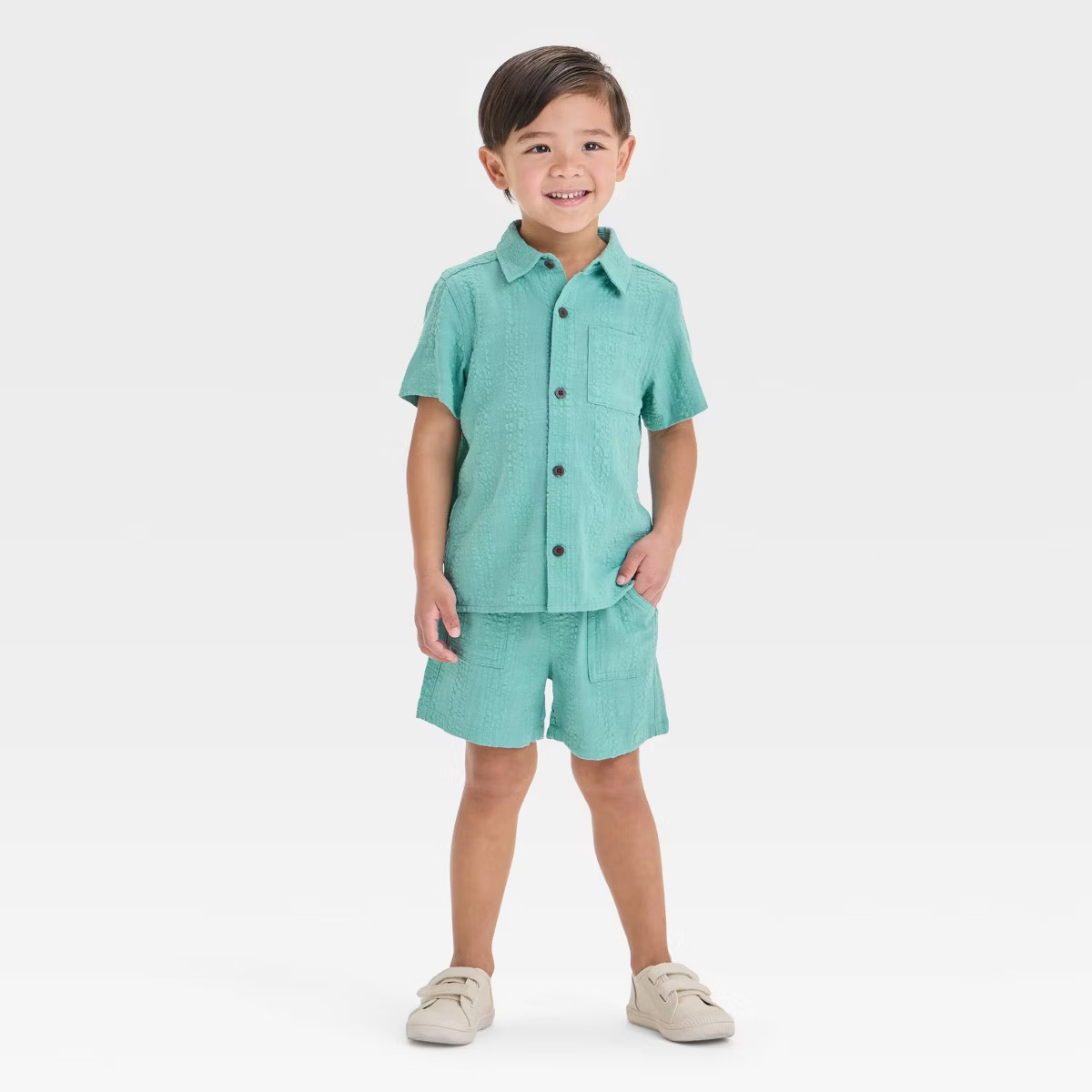 Toddler Boys' Seersucker Short Sleeve Button-Up and Pull-On Shorts Set - Cat & Jack™ Coral Oran... | Target