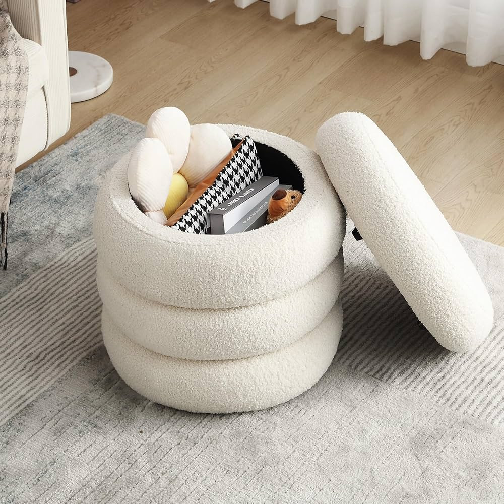 ONEVOG 16" Round Storage Pouf Ottoman with Removable Lid, Cream White Boucle Fabric Foot Rest Sto... | Amazon (US)