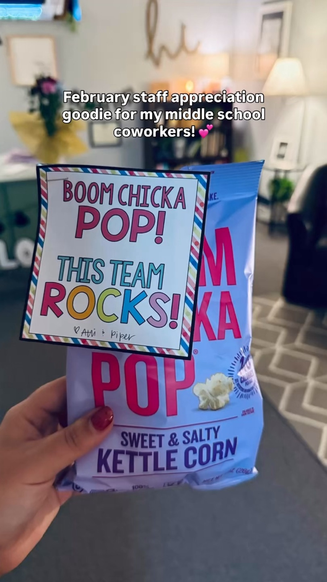 February staff appreciation goodie for my middle school coworkers! 🫶🏻✨💕🍿

As a school counselor, I always say that I’m not just there for the students, but also for my coworkers as well. Little things like this can mean a lot (especially to those whose love language is gifts)! Plus it’s cute & can boost morale! 💜