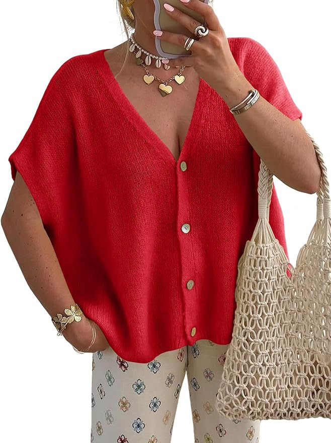 Saodimallsu Womens Fall Short Sleeve Cardigans Sweater Oversized Tops | Amazon (US)