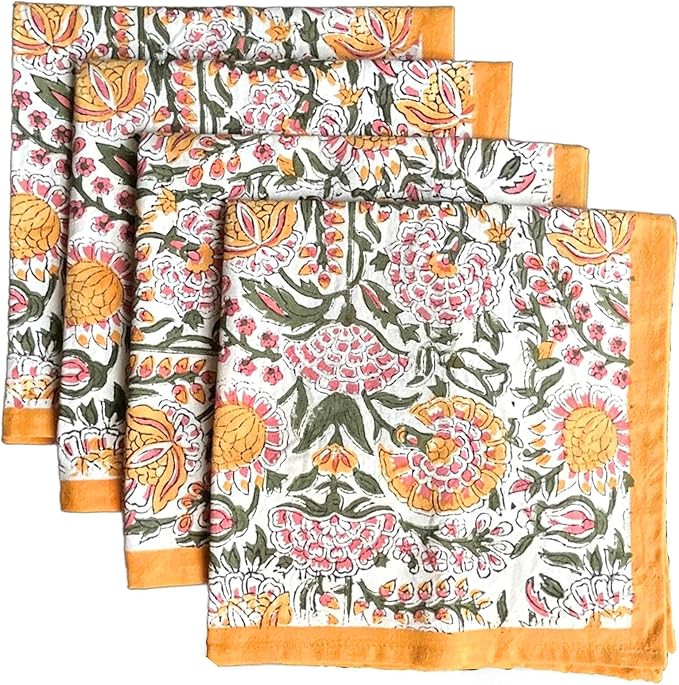 ATOSII Clover Yellow 100% Cotton Fall Cloth Dinner Napkins, 20 X 20 Inches, Floral Handblock Prin... | Amazon (US)