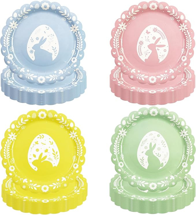 48PCS Easter 7inch Paper Plates - Colorful Bunny Eggs Scalloped Dessert Plates for Cake Salad Fru... | Amazon (US)