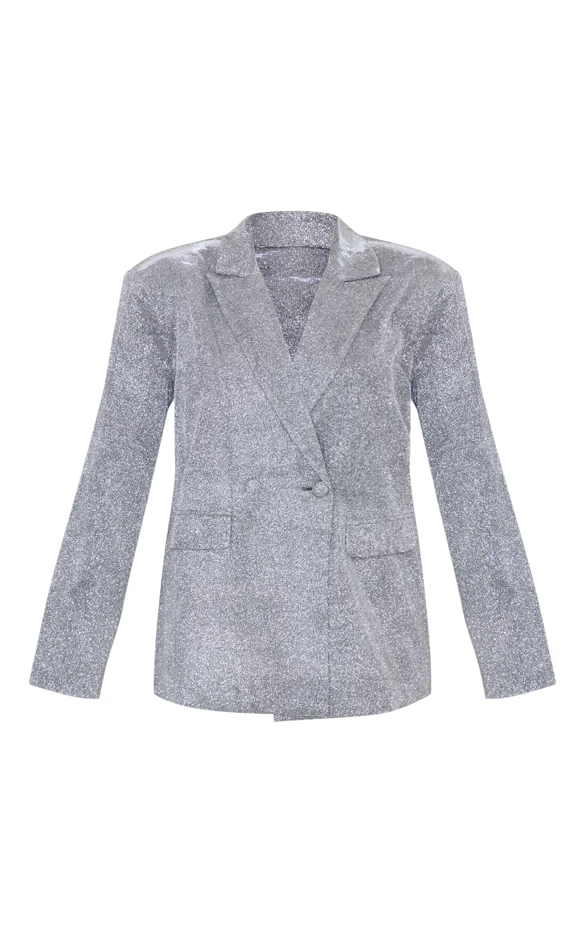 Silver Glitter Oversized Curved Hem Boxy Blazer | Outerwear | PrettyLittleThing US