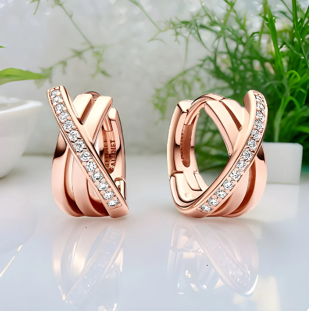 Pavé Crossover Rose Gold Hoop Earrings, Pandora Style Earrings, Rhinestone Earrings, Crossover E... | Etsy (Global)