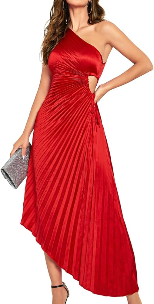 Kaei&Shi Satin Prom Dress,One Shoulder Cutout Asymmetrical Pleated Dresses for Women,Cocktail Bir... | Amazon (US)