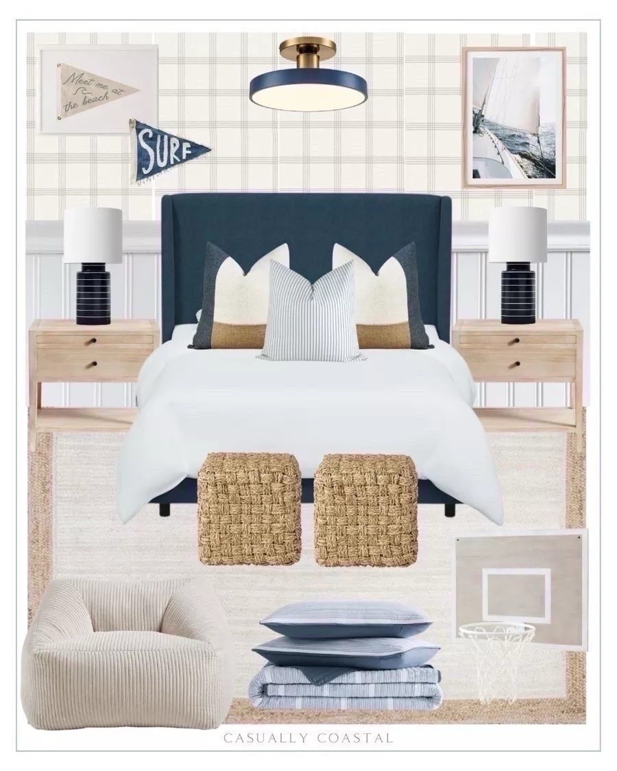 Tween/Teen Boy Bedroom Design 💙 
- 
Bedroom inspiration, teen boy bedroom ideas, boy teenager bedroom ideas, tween boy bedroom decor, coastal bedroom ideas, coastal boy bedroom, coastal furniture, coastal bedroom furniture, coastal bed, blue beds, upholstered beds, full size beds, queen beds, navy blue beds, Wayfair beds, Tilly bed, coastal rug, coastal nightstand, boys nightstands, light wood nightstand, coastal home decor, dimming ceiling light, flush mount light, bedroom lighting, velvet corduroy kids lounge chair, accent chair, bedroom chair, jute rug, neutral rug, bedroom rug, navy stripe pillow cover, coastal pillows, Etsy pillows, coastal pillow covers, bed pillow styling, bedding, blue table lamp, coastal table lamp, nightstand lamps, vintage inspired pennant SURF beach flag, boys bedroom wall decor, coastal wall art, meet me at the beach art print, yacht sailing boat wall art, sailboat art, backlit basketball hoop, checkerboard woven cube, target cubes, woven cubes, plaid wallpaper, bedroom wallpaper, coastal wallpaper, bedroom wallpaper, 2 drawer nightstand, blue striped quilt set, boys bedding, boys quilt, white and blue bedding, navy tilly upholstered bed, coastal bed, bedroom ideas, teen boy bedroom decor, bedroom seating, nightstands with drawers, bedroom refresh, nightstand lamps, basketball net, coastal wall art, coastal artwork, artwork for boys bedroom, sailboat art

#LTKHome #LTKKids
