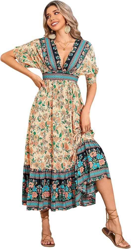 R.Vivimos Women's Summer Boho Floral Print Midi Dress Short Sleeve Deep V Neck Empire Waist Flowy... | Amazon (US)