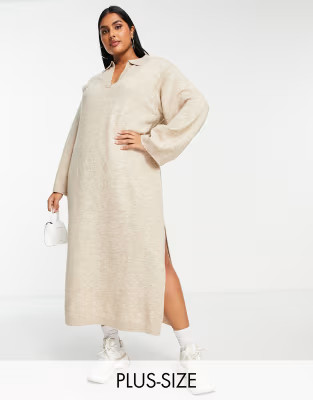 Pretty Lavish Curve knitted shirt midi dress in beige | ASOS (Global)