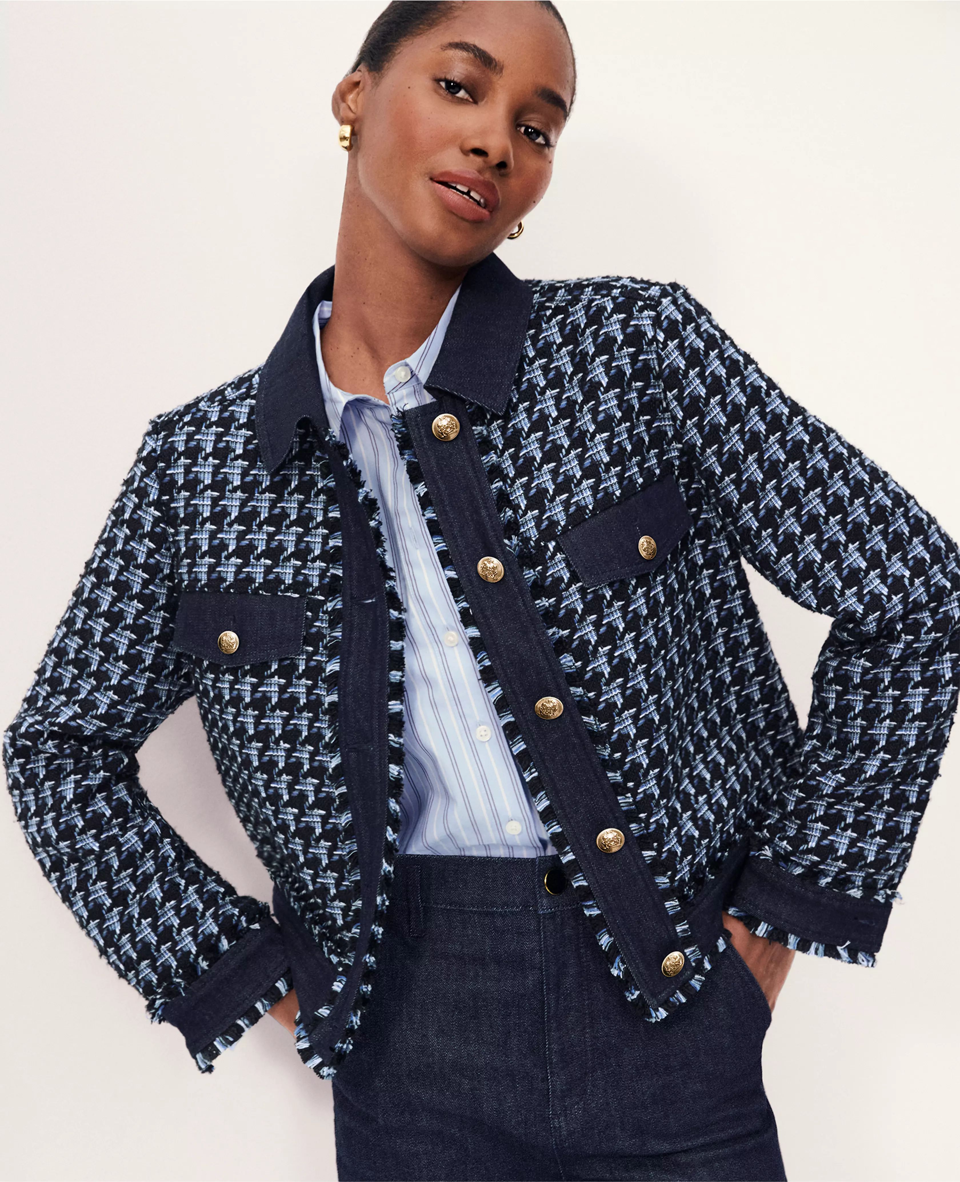 Houndstooth Fringe Tweed Denim Jacket | Ann Taylor (US)