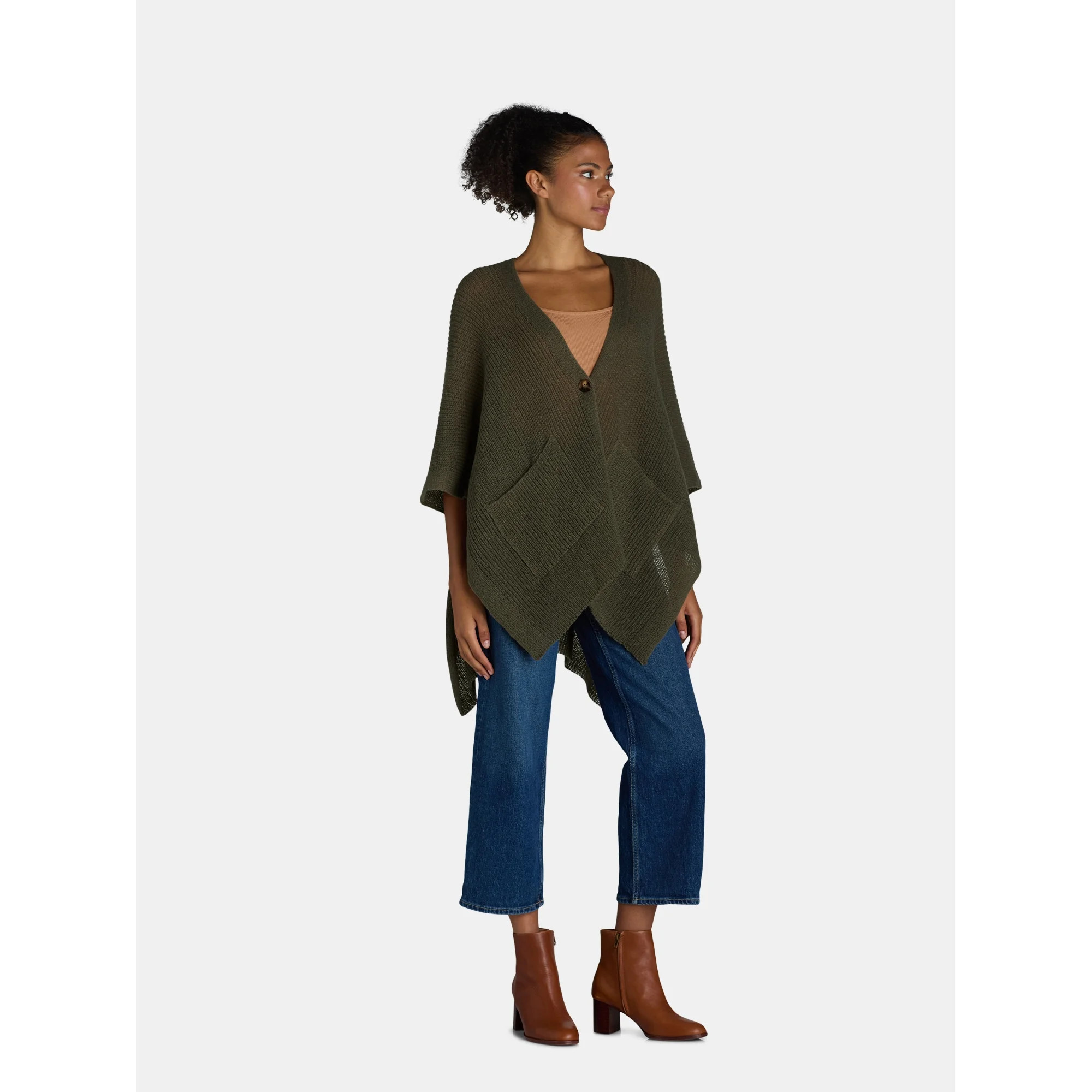 Time and Tru Women's Knit Fashion Ruana with Single Button, One Size, Faded Green | Walmart (US)