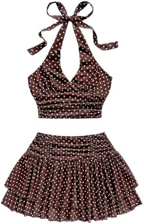SOLY HUX Women's 2 Piece Beach Vacation Outfits Summer Ruched Halter Crop Top and Ruffle Mini Ski... | Amazon (US)