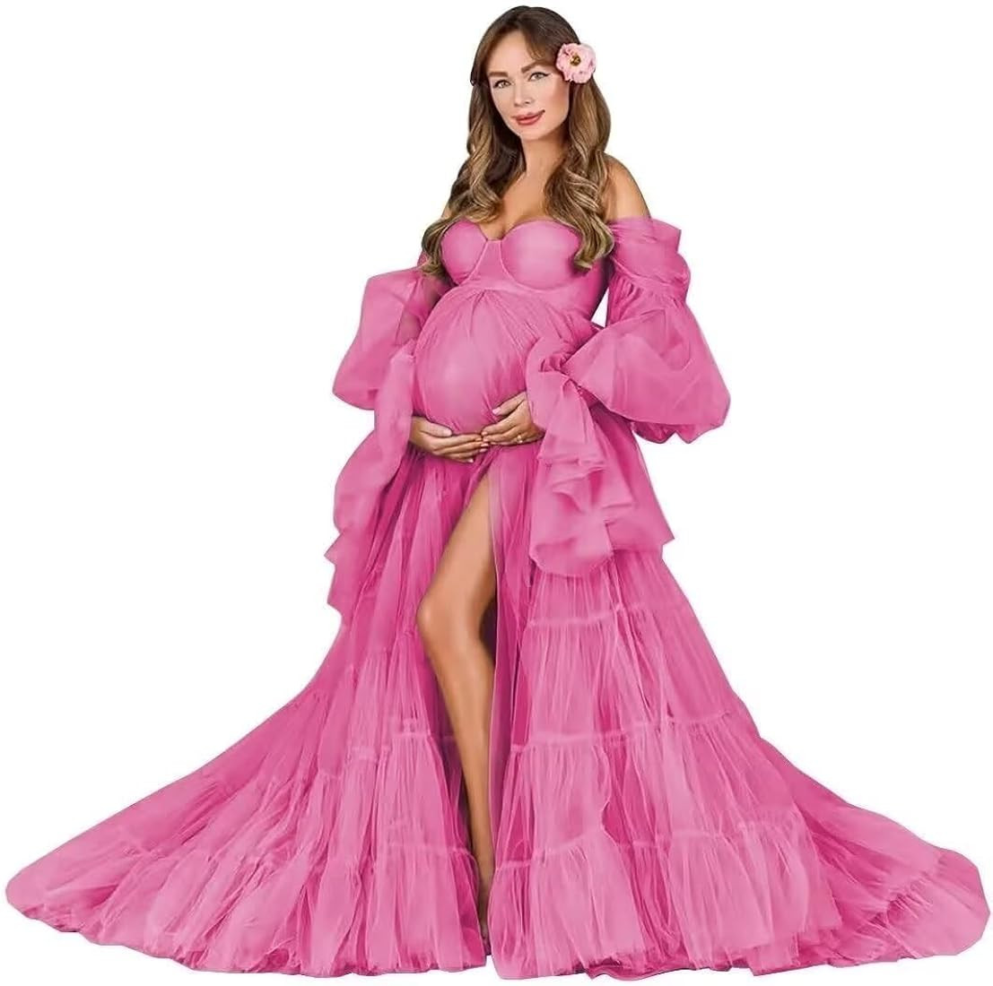 Puffy Sleeve Maternity Off Shoulders Long Elegant Gown for Baby Shower Photo Props Wedding Dress | Amazon (US)