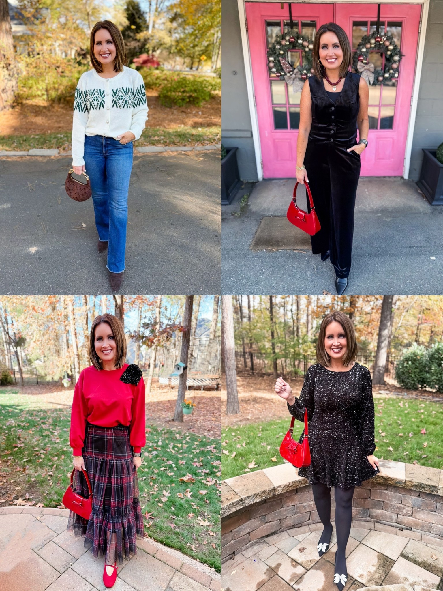 Christmas outfits under $50

Velvet pants, cream cardigan and fire jeans  - size down 
Black heels with bows- size down one full size 
Everything else runs true to size 

#LTKHoliday #LTKOver40 #LTKSeasonal