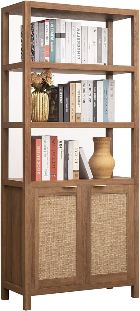 SICOTAS Bookshelf 5 Tier Book Shelf Rattan Boho 71" Tall Bookcase with Doors Storage Shelves Larg... | Amazon (US)