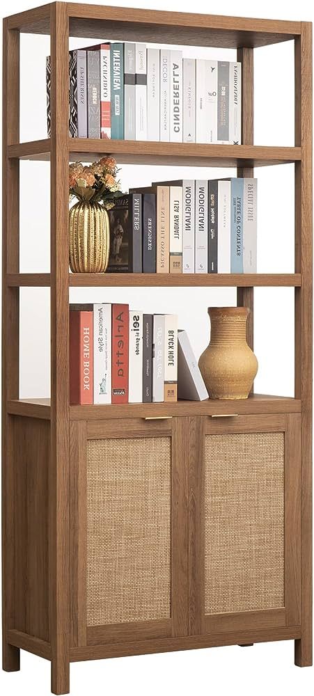 SICOTAS Bookshelf 5 Tier Rattan Boho Tall Bookcase with Doors Storage Wood Shelves Large Farmhous... | Amazon (US)