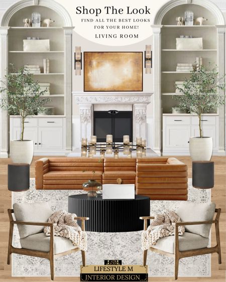 Transitional style Living Room Design Idea. Brown leather sectional sofa, white upholstered chair, white traditional rug, black round coffee table, black round end table, white decor jewelry box, white tree planter pot, faux olive tree, round living room chandelier, brown orange wall art, throw blanket, wall sconce light, fire place mantle.

#LTKhome #LTKstyletip #LTKFind