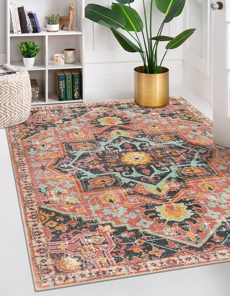 Lahome Area Rug Washable Pink Rugs for Bedroom Girls Non Slip Rugs for Living Room, Boho Floral S... | Amazon (US)