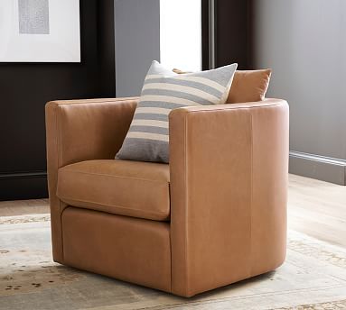 Ayden Barrel Back Leather Swivel Armchair | Pottery Barn (US)