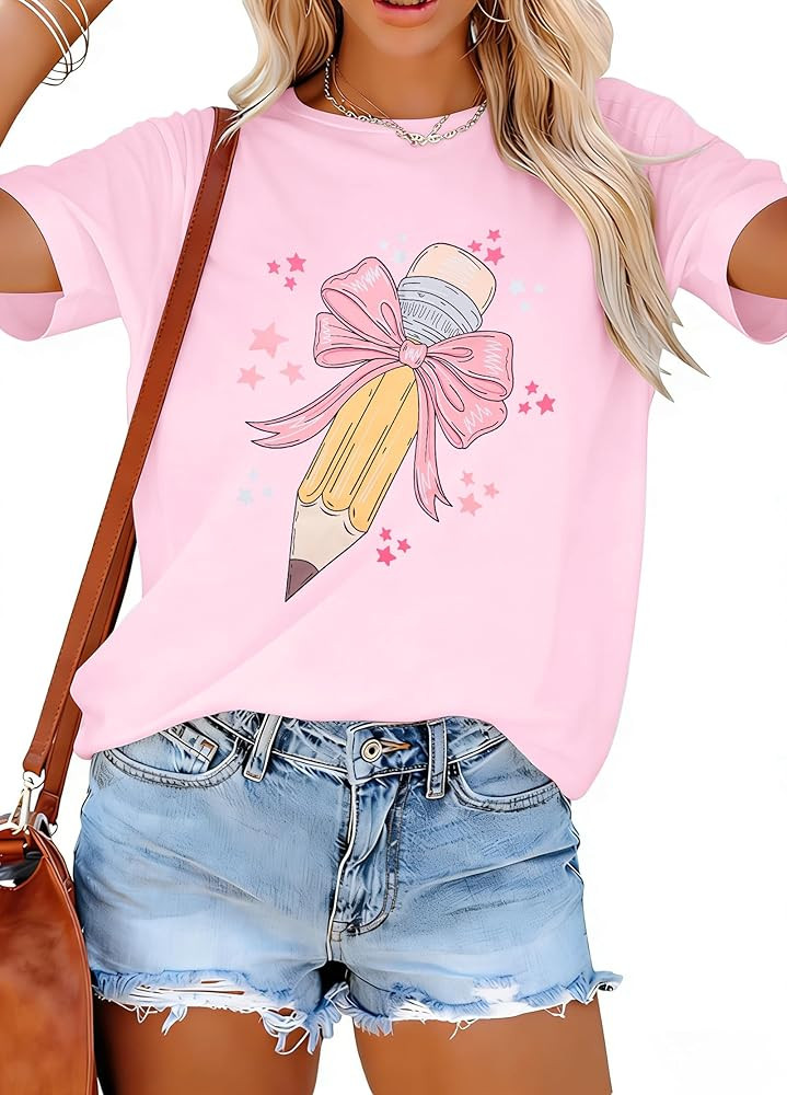 Teacher Shirts Women Bow Pencil Graphic Tee Back to School Teaching Life Shirt Teacher Appreciation Gifts Tops | Amazon (US)