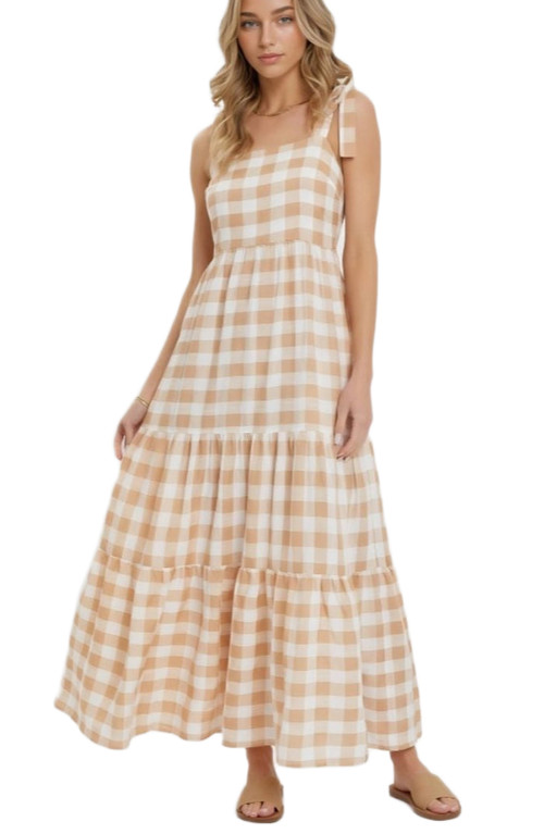 Knit and Lounge Gingham Tiered Maxi Dress with Tie Straps in Beige/white Gingham at Nordstrom, Size Medium | Nordstrom