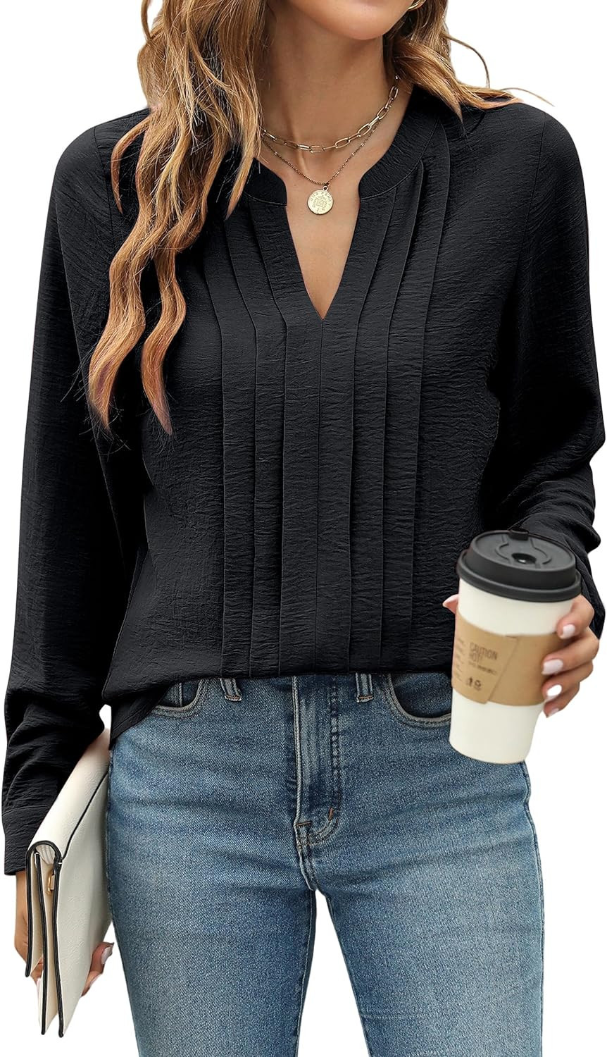 Blooming Jelly Women's Dressy Casual Blouses Business Work Tops Long Sleeve V Neck Pleated Shirts... | Amazon (US)