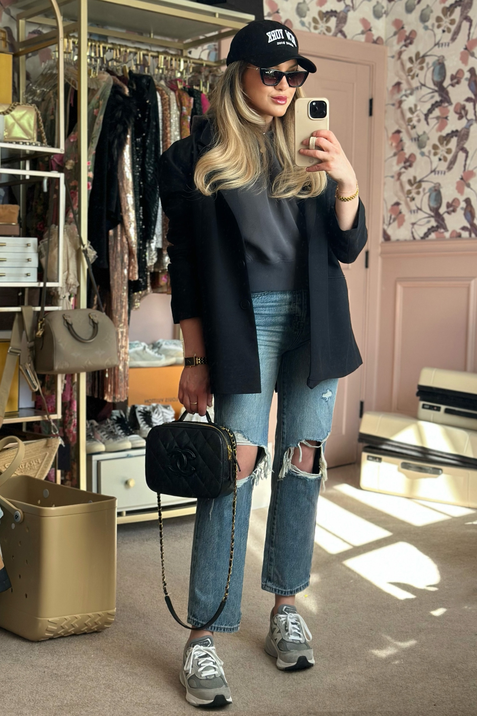 Casual fit! 
Honestly would’ve opted for a wide leg Jean here but mine were dirty. I’ve linked some options!

Oversized blazer
Abercrombie cropped hoodie
Anine Bing hat
New Balance 9060s
Amazon cat eye sunglasses
Chanel camera bag 

#LTKFind #LTKSeasonal #LTKstyletip