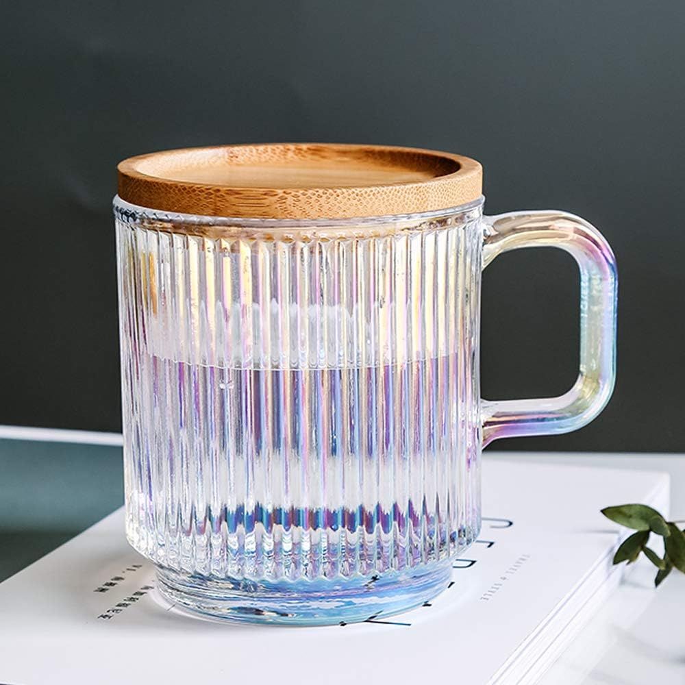 Lysenn Iridescent Glass Coffee Mug with Lid - Premium Classical Vertical Stripes Glass Tea Cup - ... | Amazon (US)