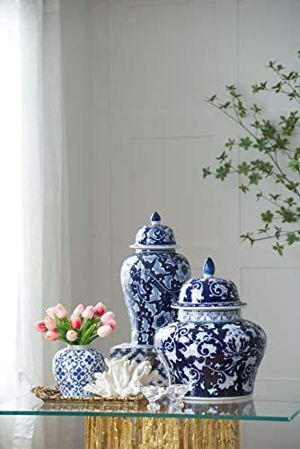 A&B Home 18" Porcelain Decorative Jar with Lid Blue White Floral Print Vase Ginger Jar Centerpiec... | Amazon (US)