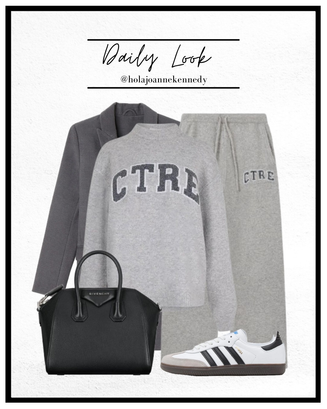 Couture Club grey knit set, grey knit jumper and joggers, logo loungewear set, neutral co-ord outfit, elevated loungewear look, dark grey wool coat outfit, adidas Samba trainers outfit, Givenchy black bag outfit, casual luxury style, off duty outfit, Monday outfit inspo, cosy chic loungewear, minimalist street style, capsule wardrobe neutrals 

#LTKuk #LTKwinter #LTKstyletip