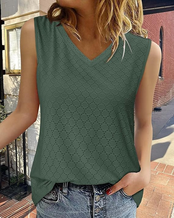 Women Tank Tops Summer Eyelet Casual V Neck Shirts Cute Short Cold Shoulder Sleeve Tunics Flowy S... | Amazon (US)