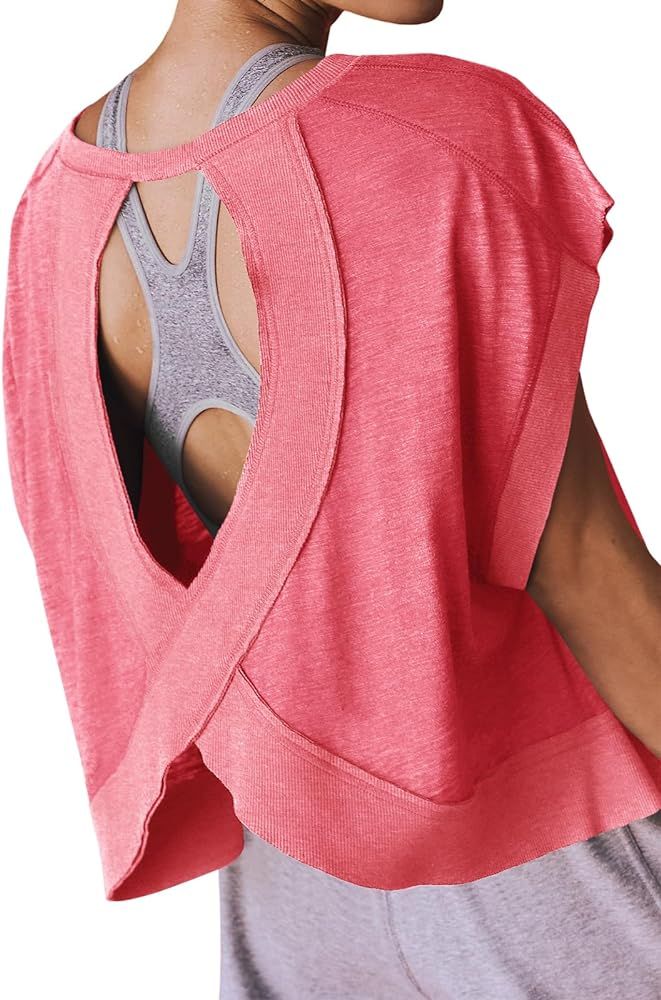 Aurgelmir Women's Workout Crop Tops Short Sleeve Cut Out Summer Crewneck Loose Yoga Athletic T-Sh... | Amazon (US)