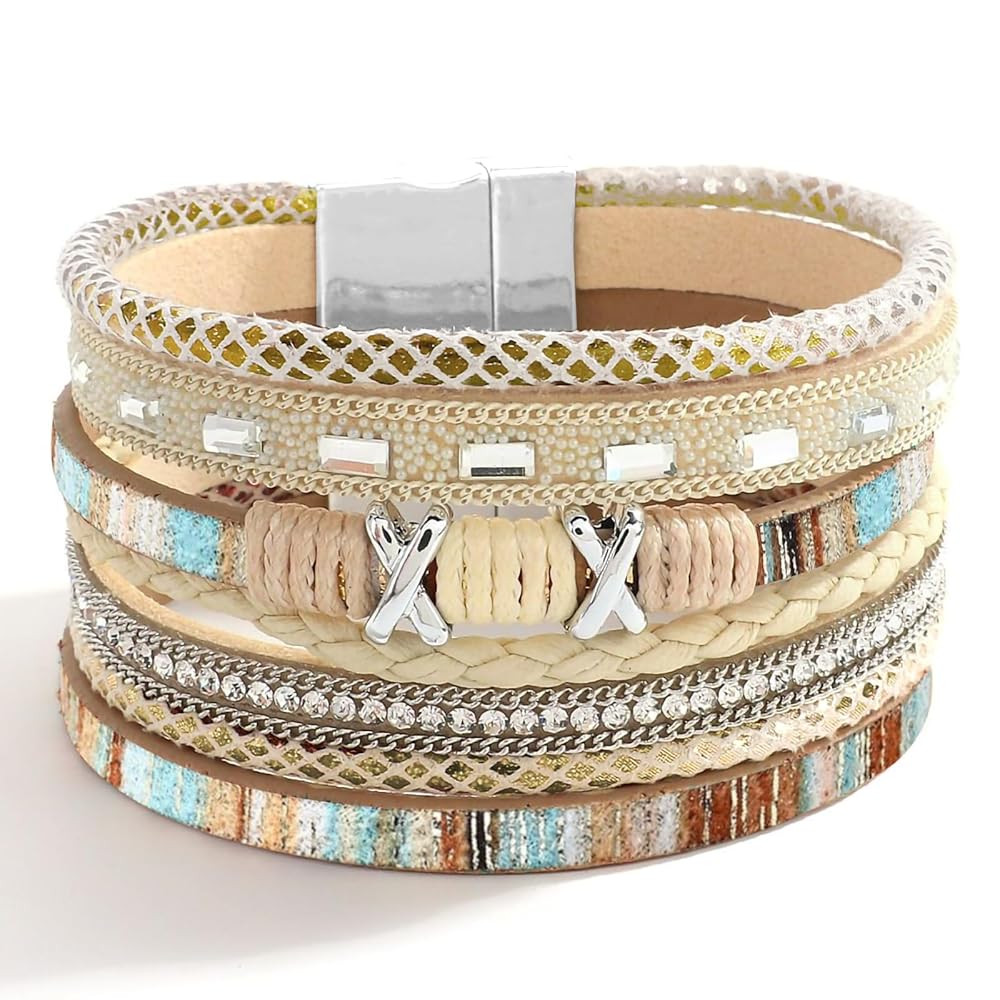 Fesciory Leopard Bracelet for Women, Boho Leather Wrap Multi-Layer Pearl Crystal Bracelet Bangle ... | Amazon (US)