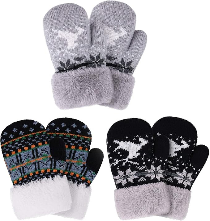 Arctic Paw 3 Pairs Kids' Sherpa Lined Knit Mittens Boys Girls Winter Gloves | Amazon (US)