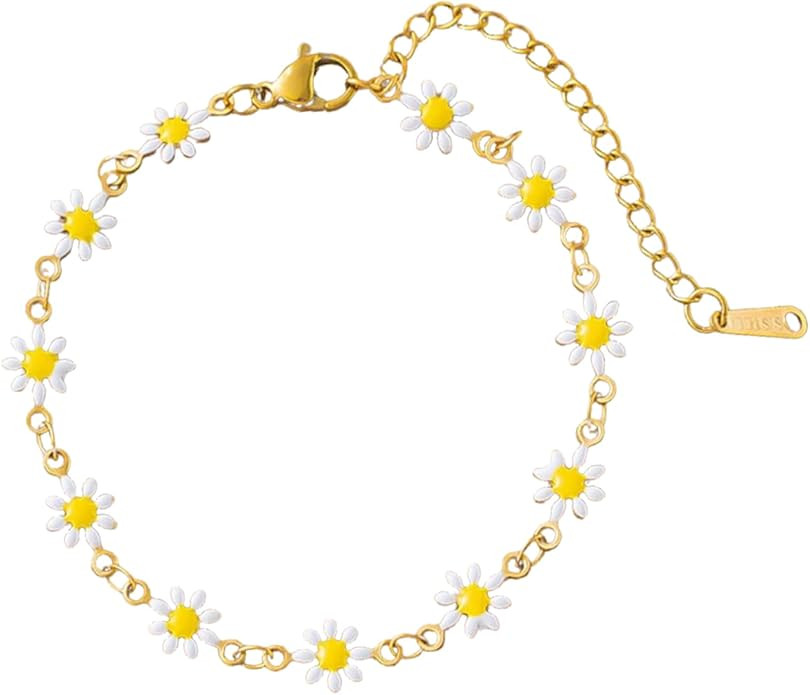Daisy Flower Bracelet for Women Gold Plated Summer Chain Stainless Steel Colorful Adjustable Link... | Amazon (US)