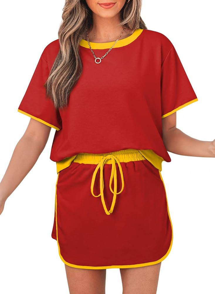 Women's 2 Piece Sets Summer Casual Short Sleeve Tops and Matching Drawstring Skort Going Out Loun... | Amazon (US)