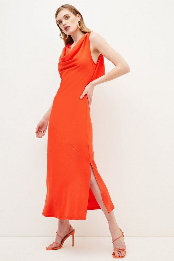 Fluid Crepe Cowl Neck Woven Midi Dress | Karen Millen UK & IE