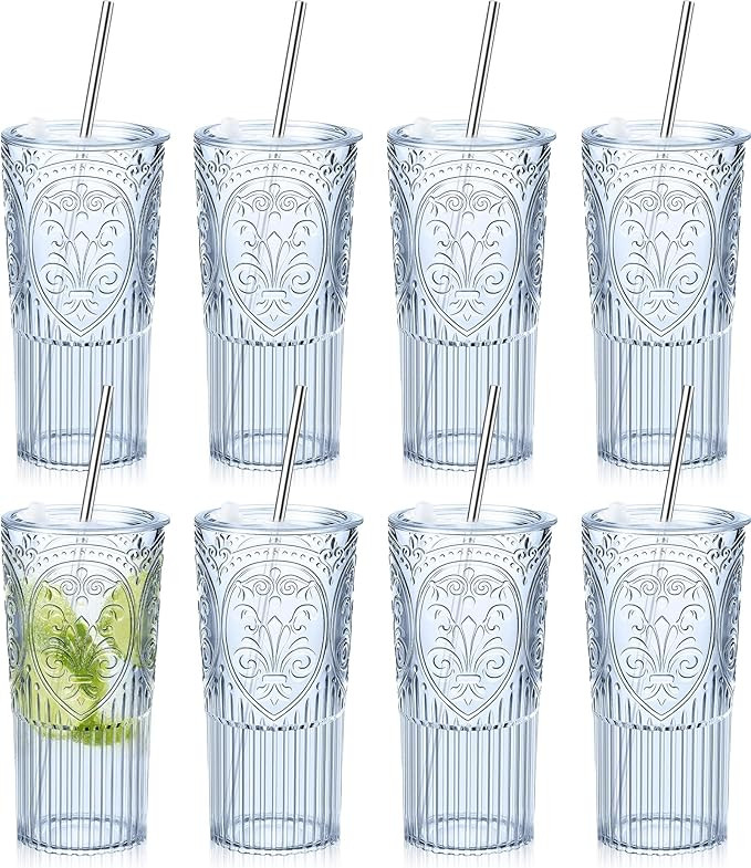8 Set 20oz Vintage Plastic Tumbler with Lids and Straws Ribbed Floral Drinking Glasses Reusable I... | Amazon (US)