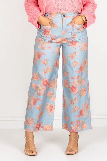 Come Over Blue Floral Print Wide Leg Pant | The Willow Tree
