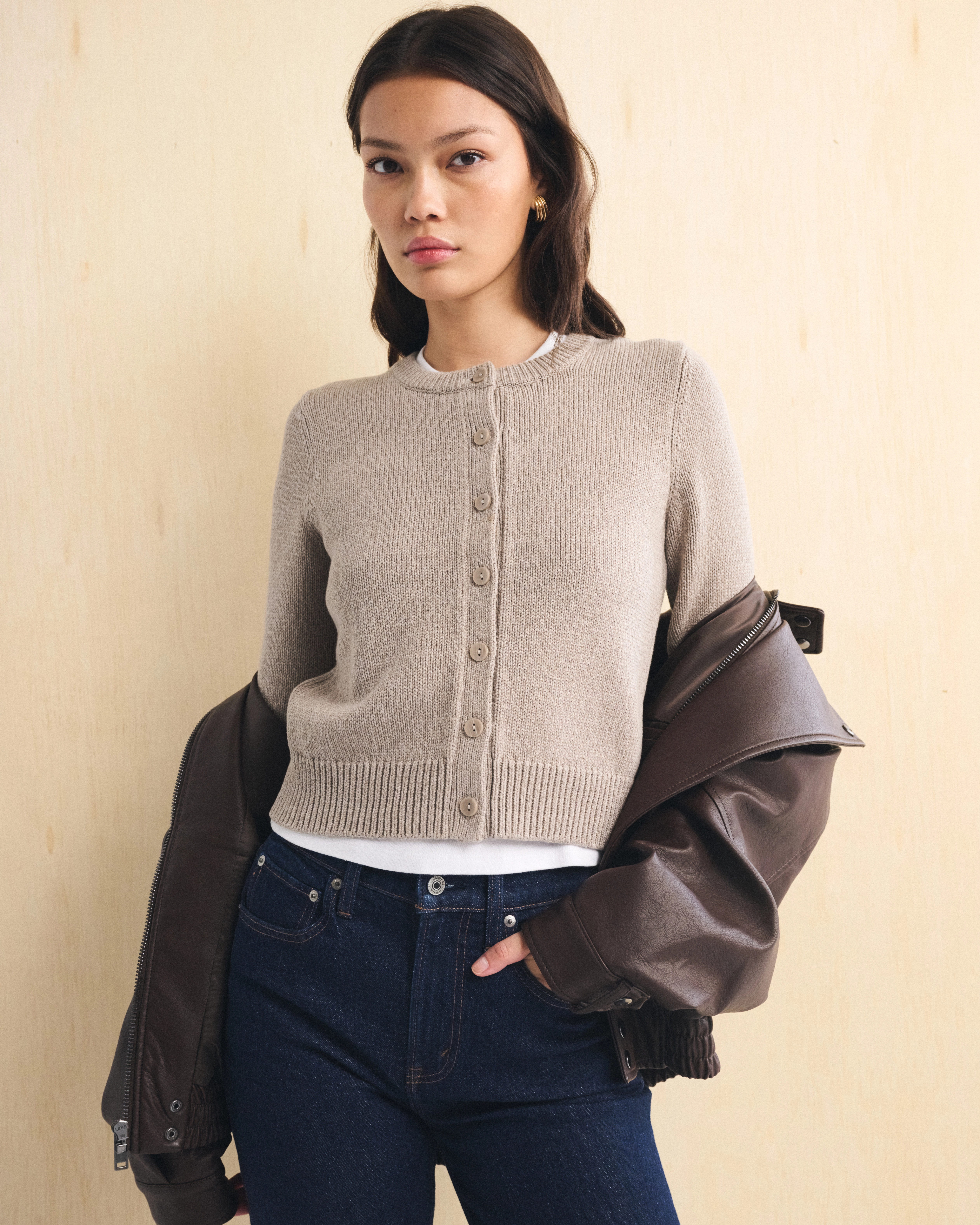 100% Cotton Shrunken Crew Cardigan | Abercrombie & Fitch (US)