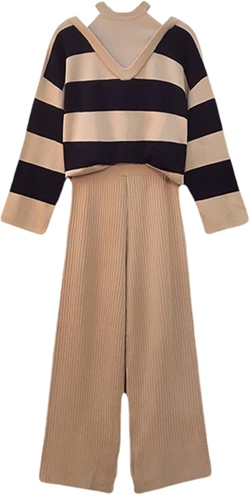 Gihuo Womens Sweater Set Striped 2 Piece Outfit Halter Neck Sweater Knit Pants Lounge Set Wide Le... | Amazon (US)