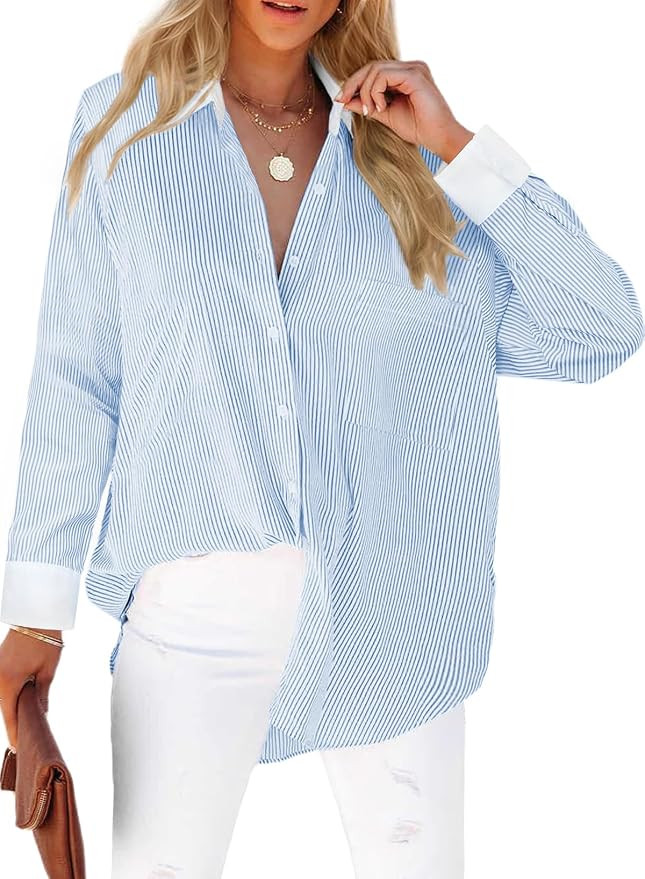 LEMAFER Button Down Shirts for Women 2025 Colorblock Striped Boyfriend Long Sleeve Collared Blous... | Amazon (US)