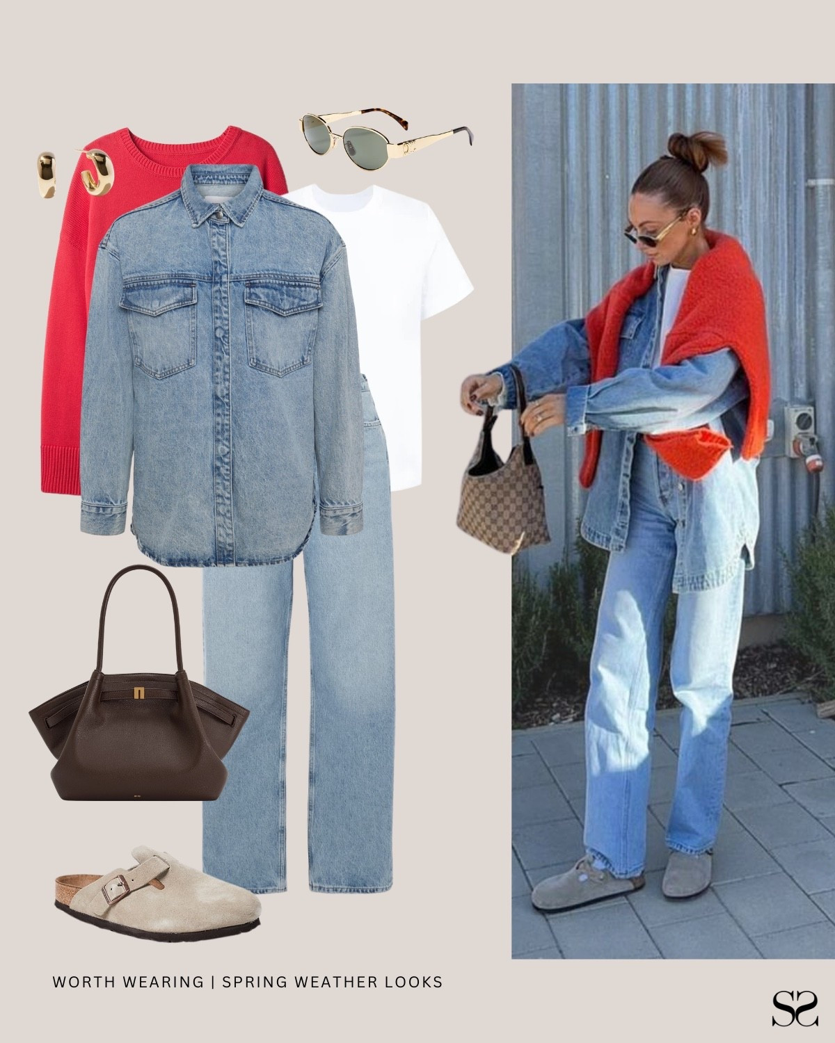 Outfit ideas when spring weather can’t make up its mind: 

Denim on denim with a red sweater over the shoulders as your backup plan. The denim jacket gives you the layer you need in the morning and the sweater is there when you need it later.

Denim jacket, white tee, red sweater, straight leg jeans, brown tote bag, shearling clogs, gold aviator sunglasses, gold hoop earrings

#LTKootd #LTKSeasonal #LTKgrwm