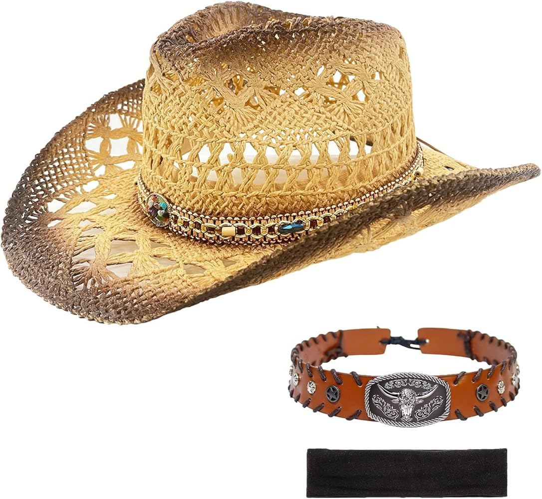 Men's Women's Western Straw Cowboy Hat, Cowgirl Sun Beach Hat with Two Decorative Bands and a Hai... | Amazon (US)