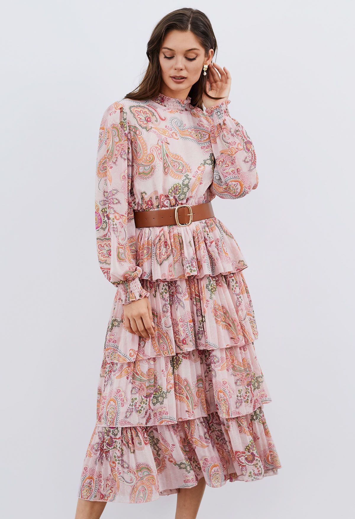Paisley Printed Belted Tiered Chiffon Dress in Pink | Chicwish